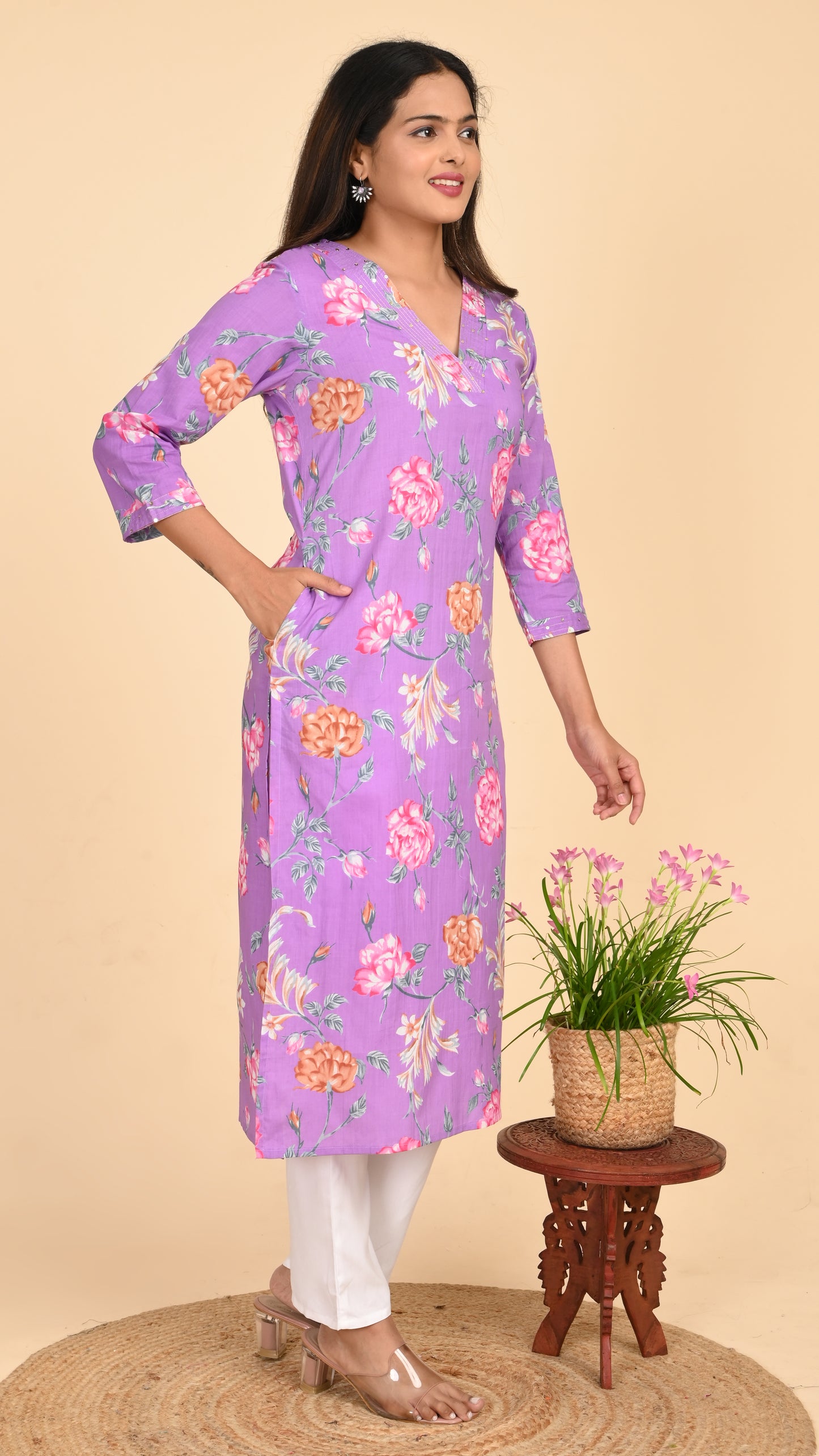 Charulata Lavender Bloom Straight Kurti