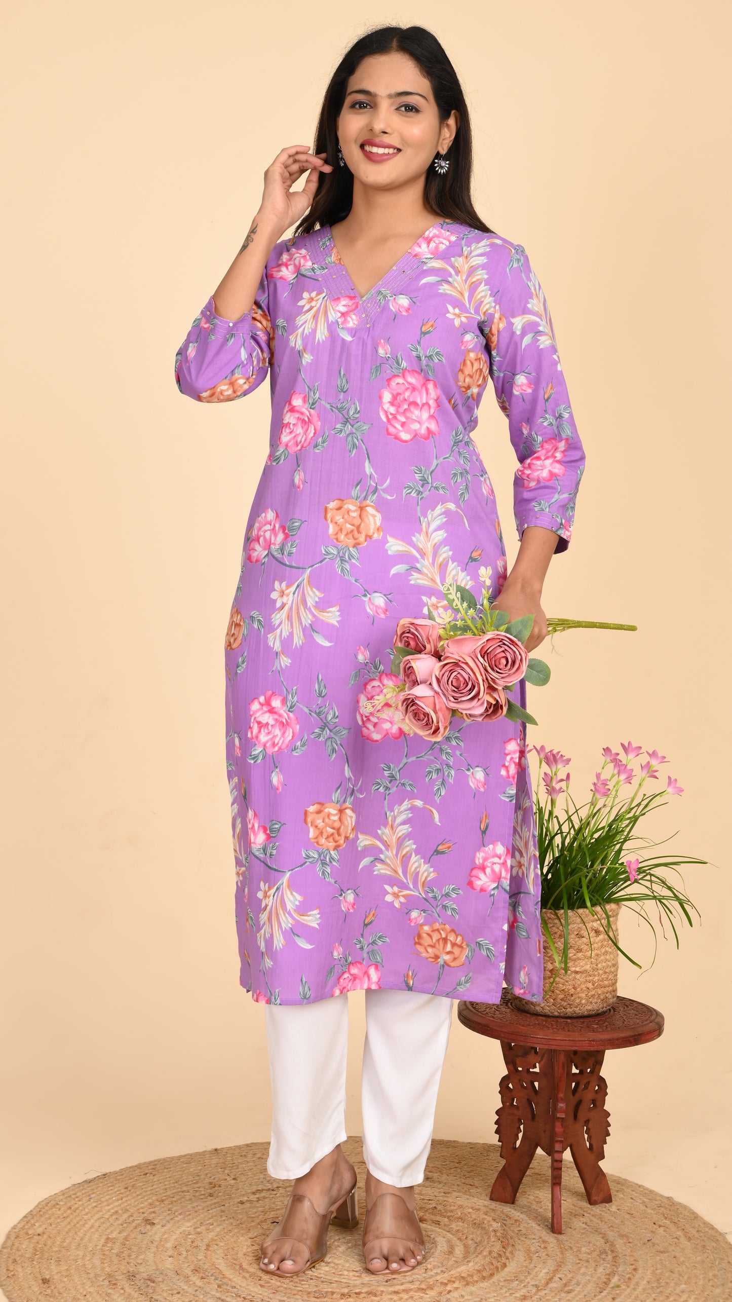Charulata Lavender Bloom Straight Kurti
