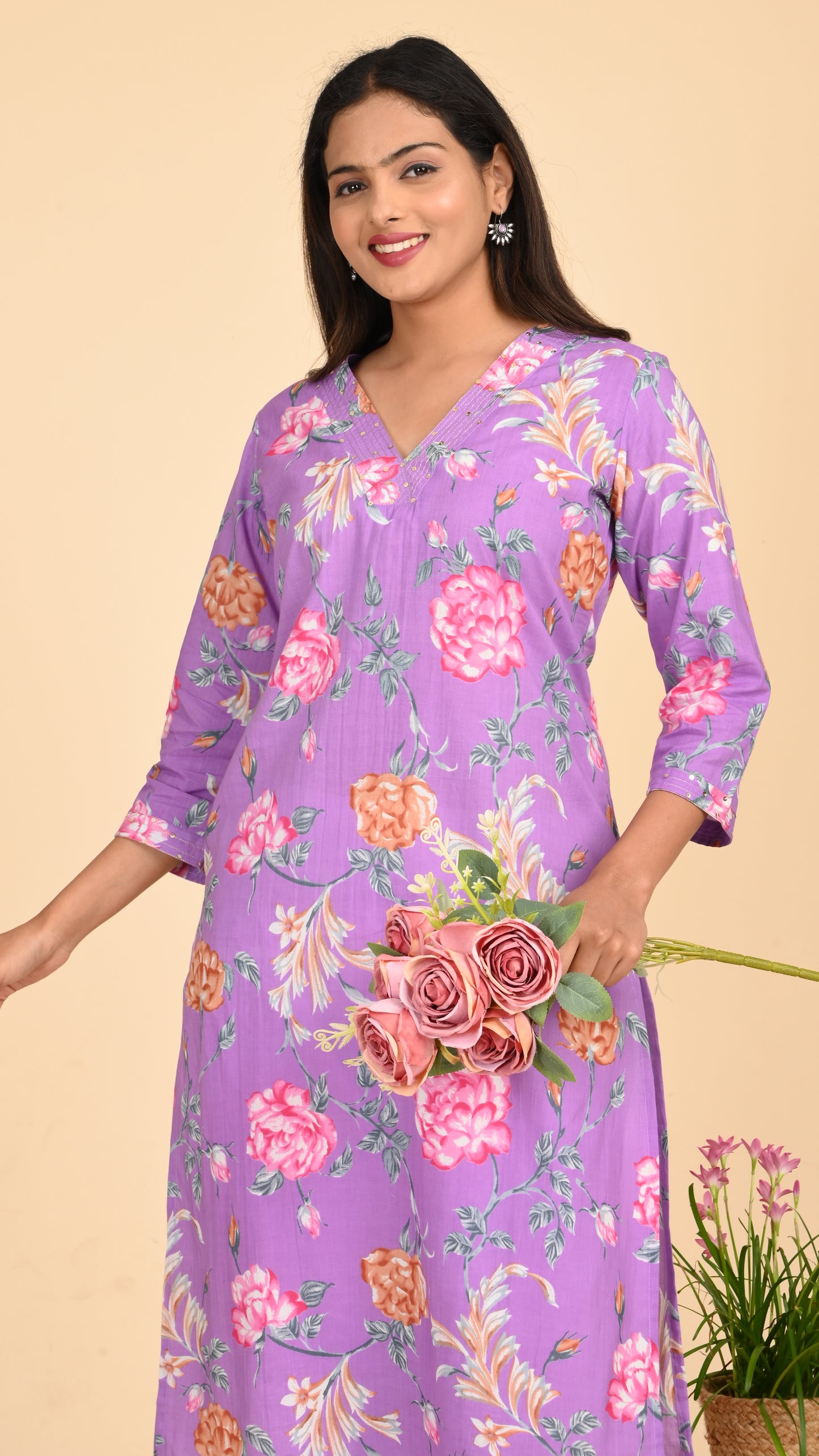 Charulata Lavender Bloom Straight Kurti