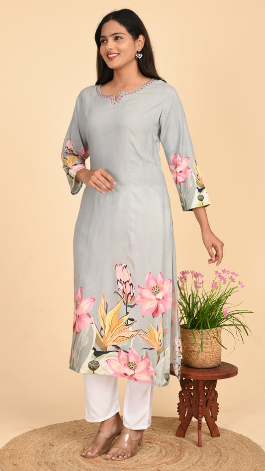 Mrinal Grey Lotus Straight Kurti