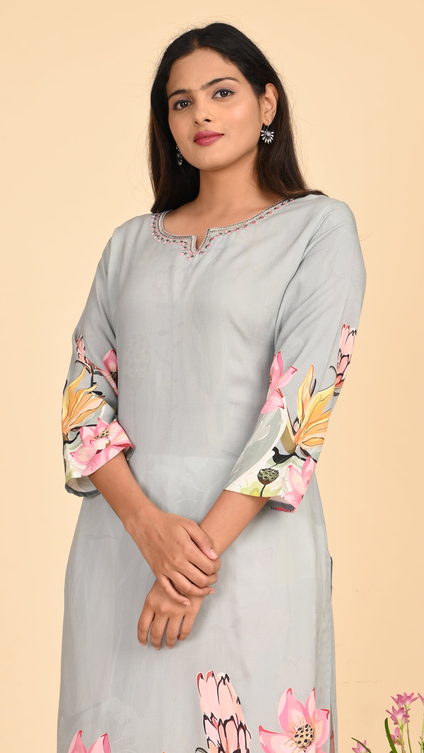 Mrinal Grey Lotus Straight Kurti