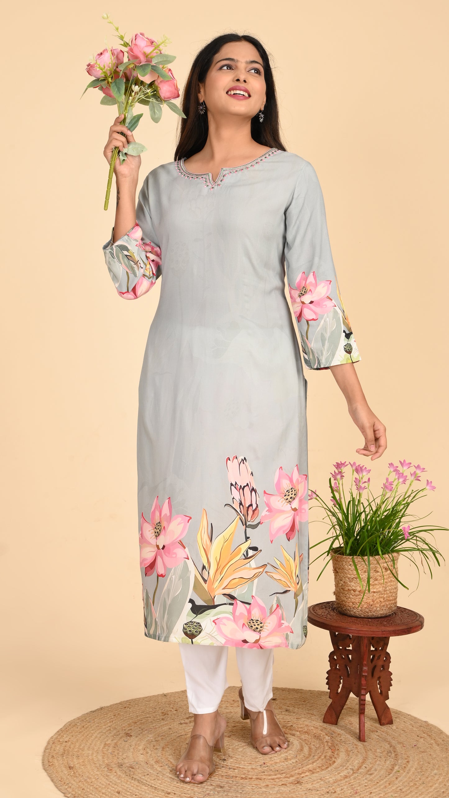 Mrinal Grey Lotus Straight Kurti
