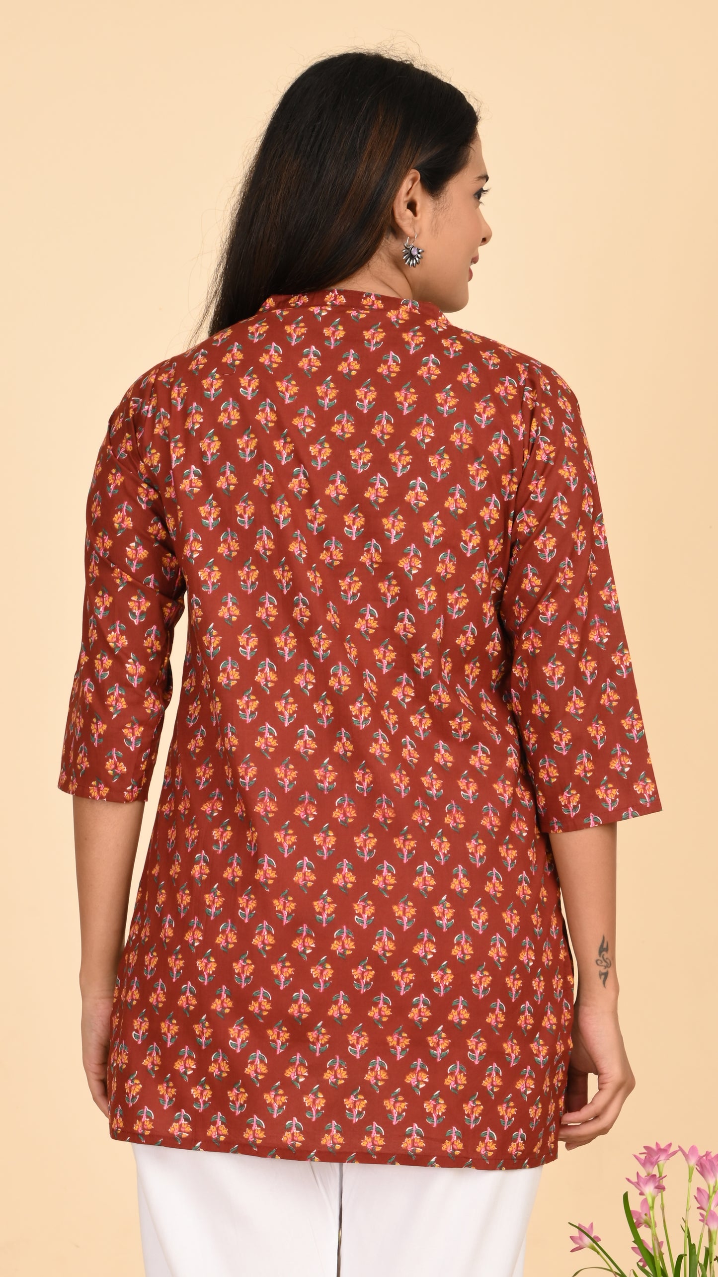 Meher Rust Petal Print Short Kurti Top