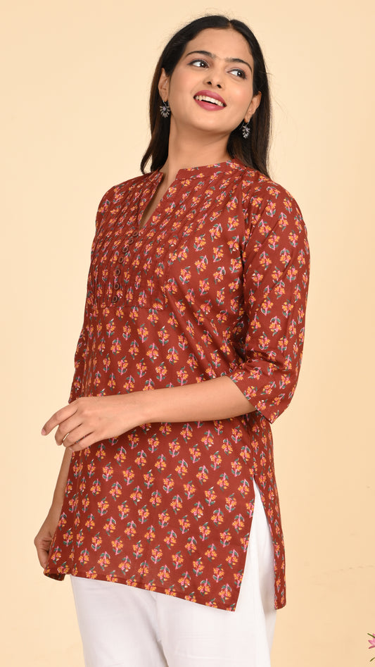 Meher Rust Petal Print Short Kurti Top