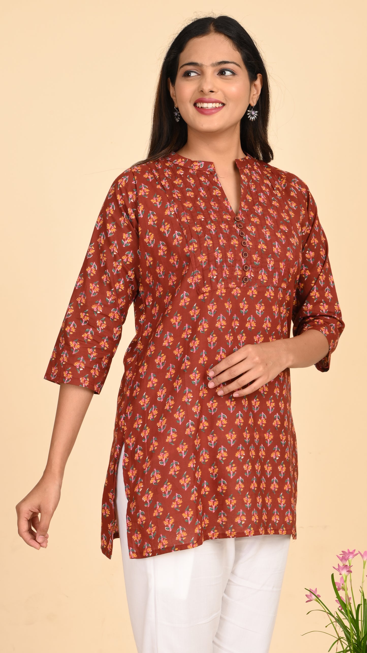 Meher Rust Petal Print Short Kurti Top