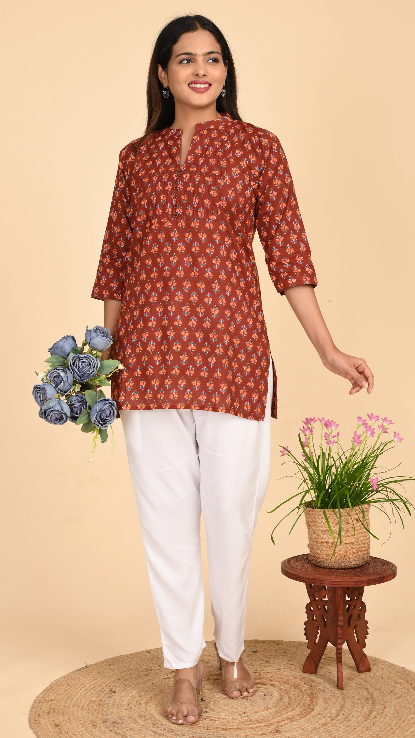 Meher Rust Petal Print Short Kurti Top