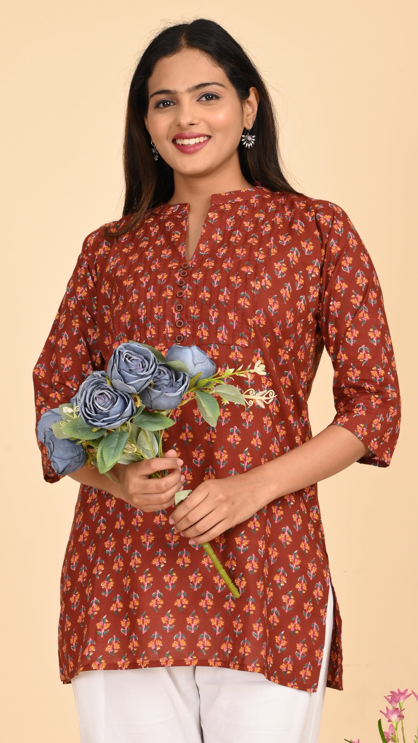 Meher Rust Petal Print Short Kurti Top