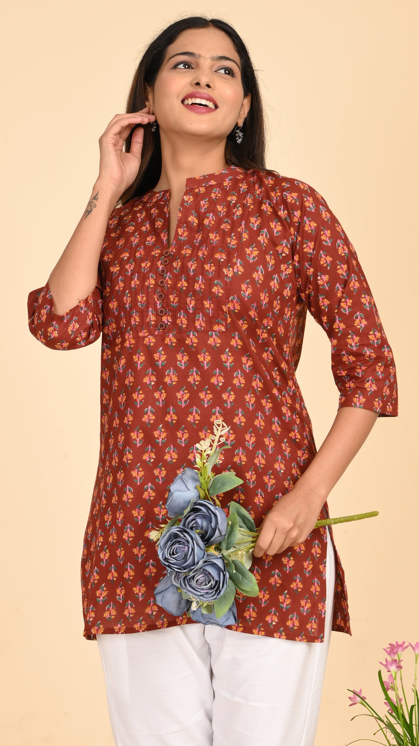 Meher Rust Petal Print Short Kurti Top