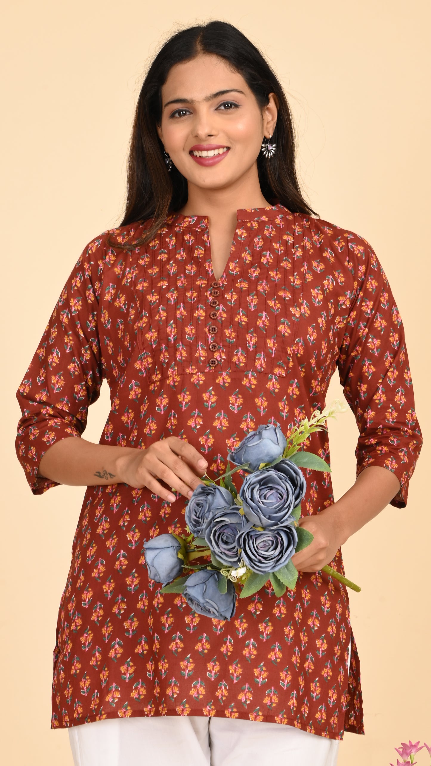 Meher Rust Petal Print Short Kurti Top