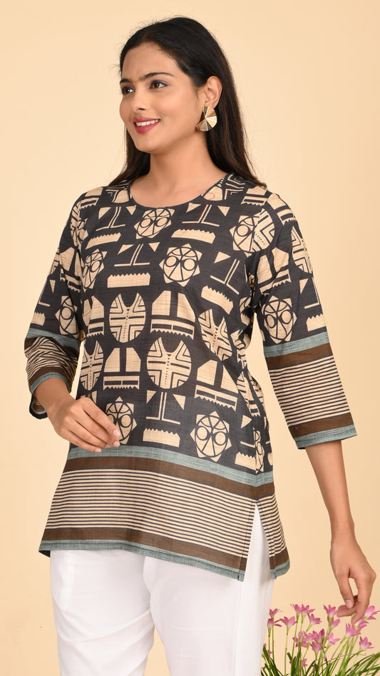 Kaveri Tribal Charcoal Short Kurti Top
