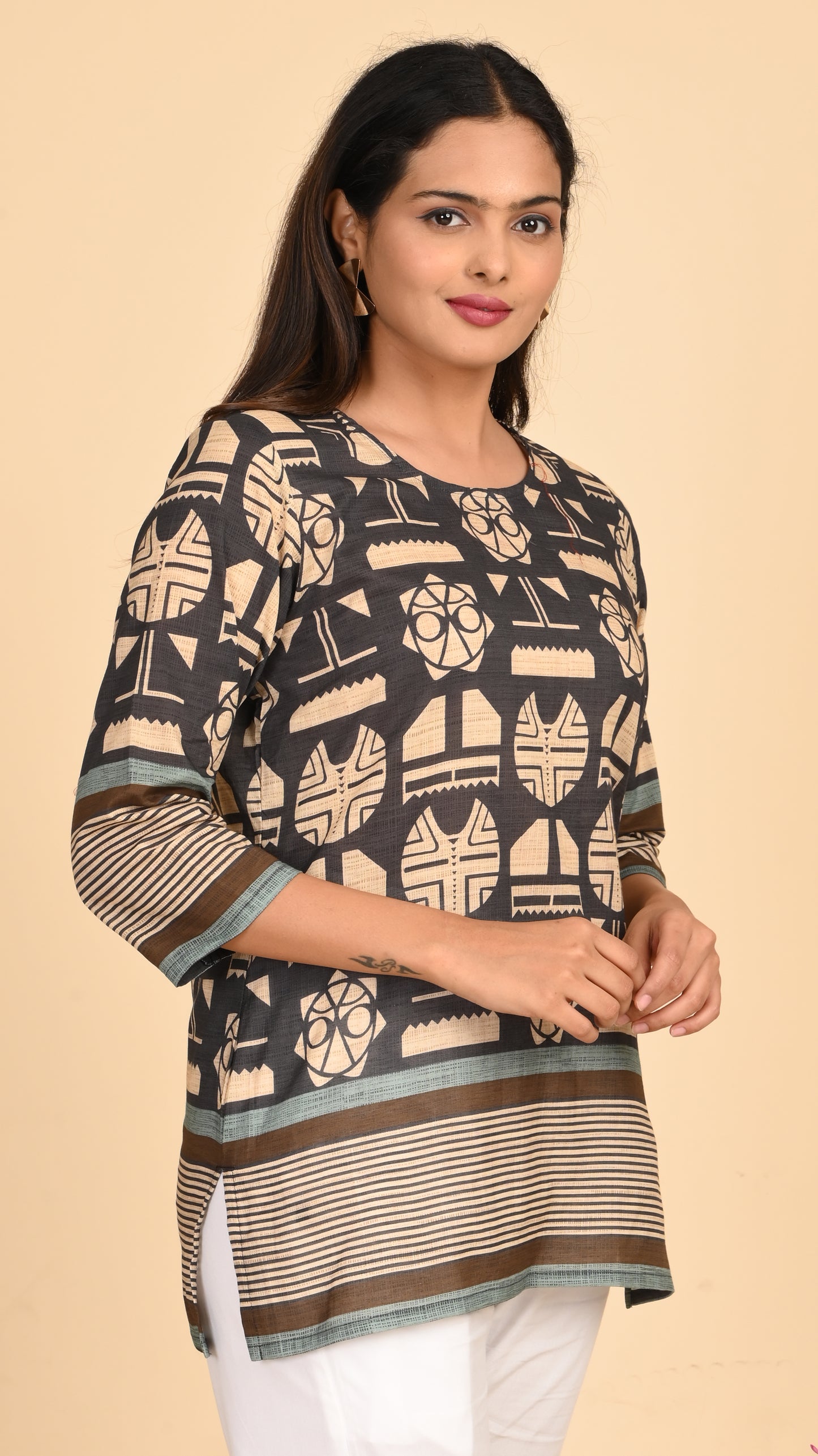 Kaveri Tribal Charcoal Short Kurti Top