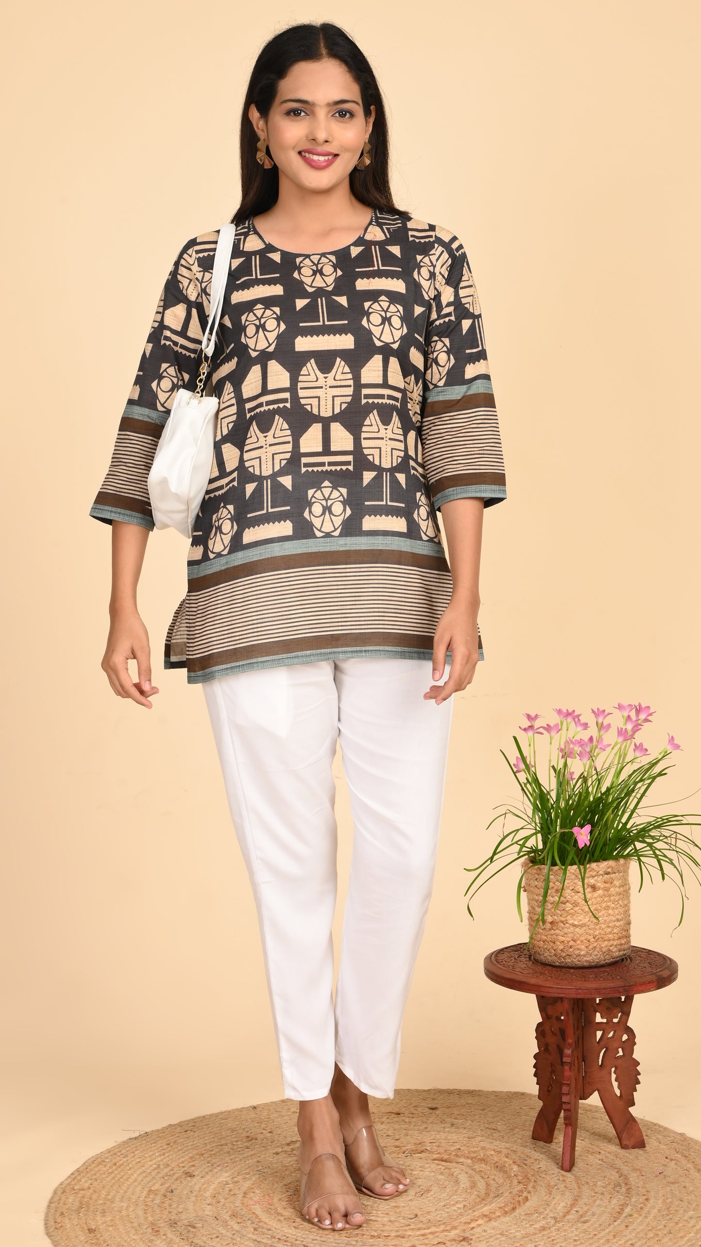 Kaveri Tribal Charcoal Short Kurti Top