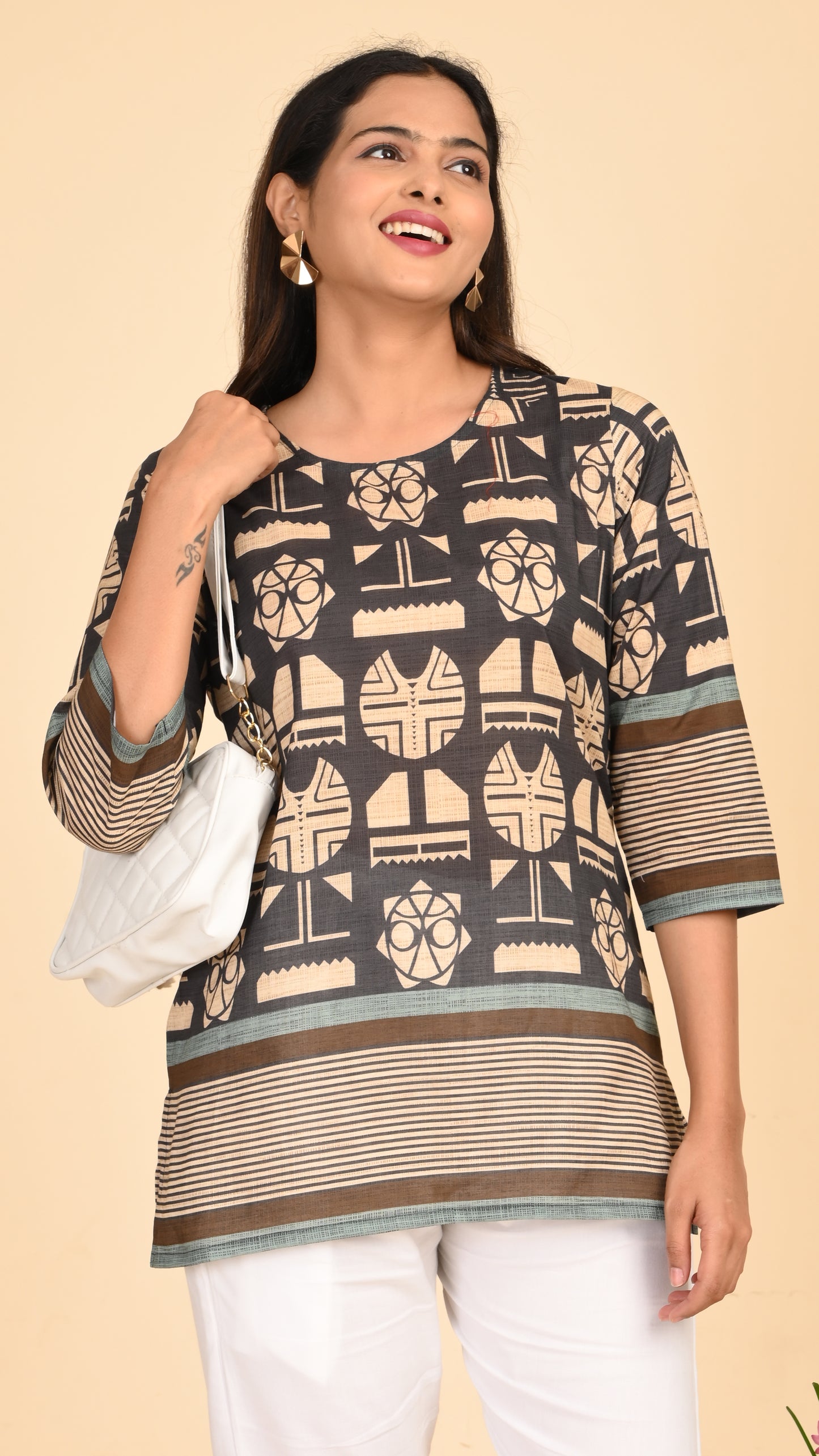 Kaveri Tribal Charcoal Short Kurti Top
