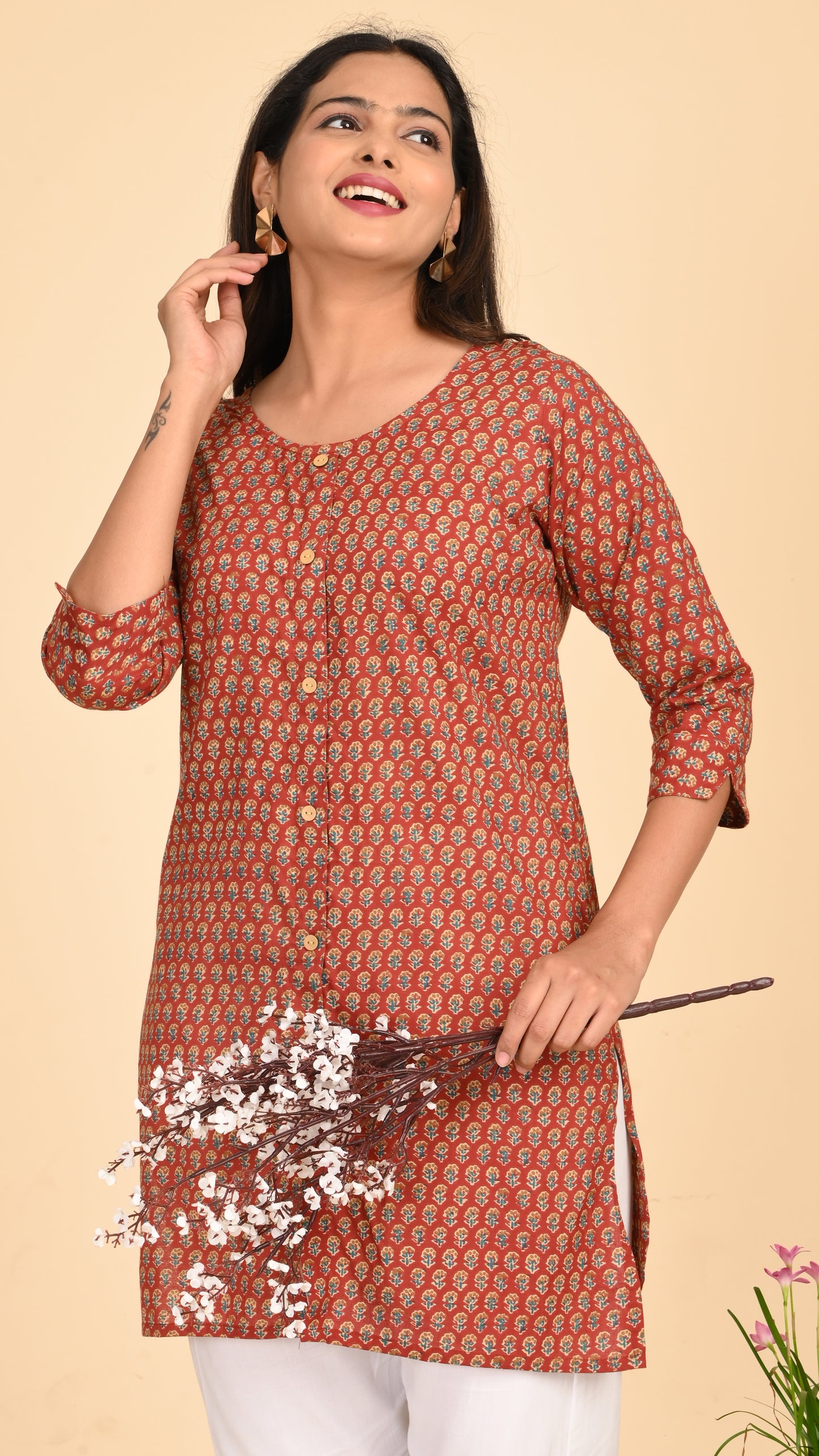 Rati Rust Blossom Short Kurti Top
