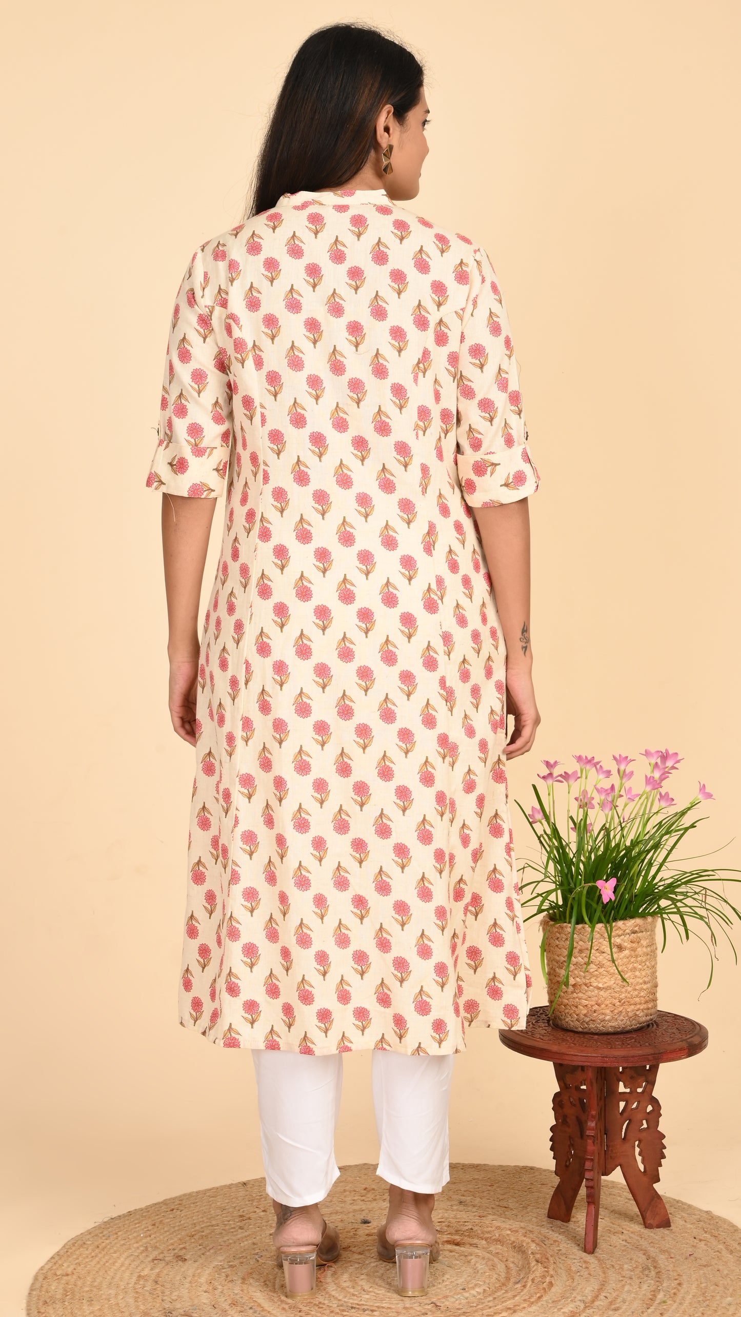 Kashika Cream Floral Button-Down Kurti