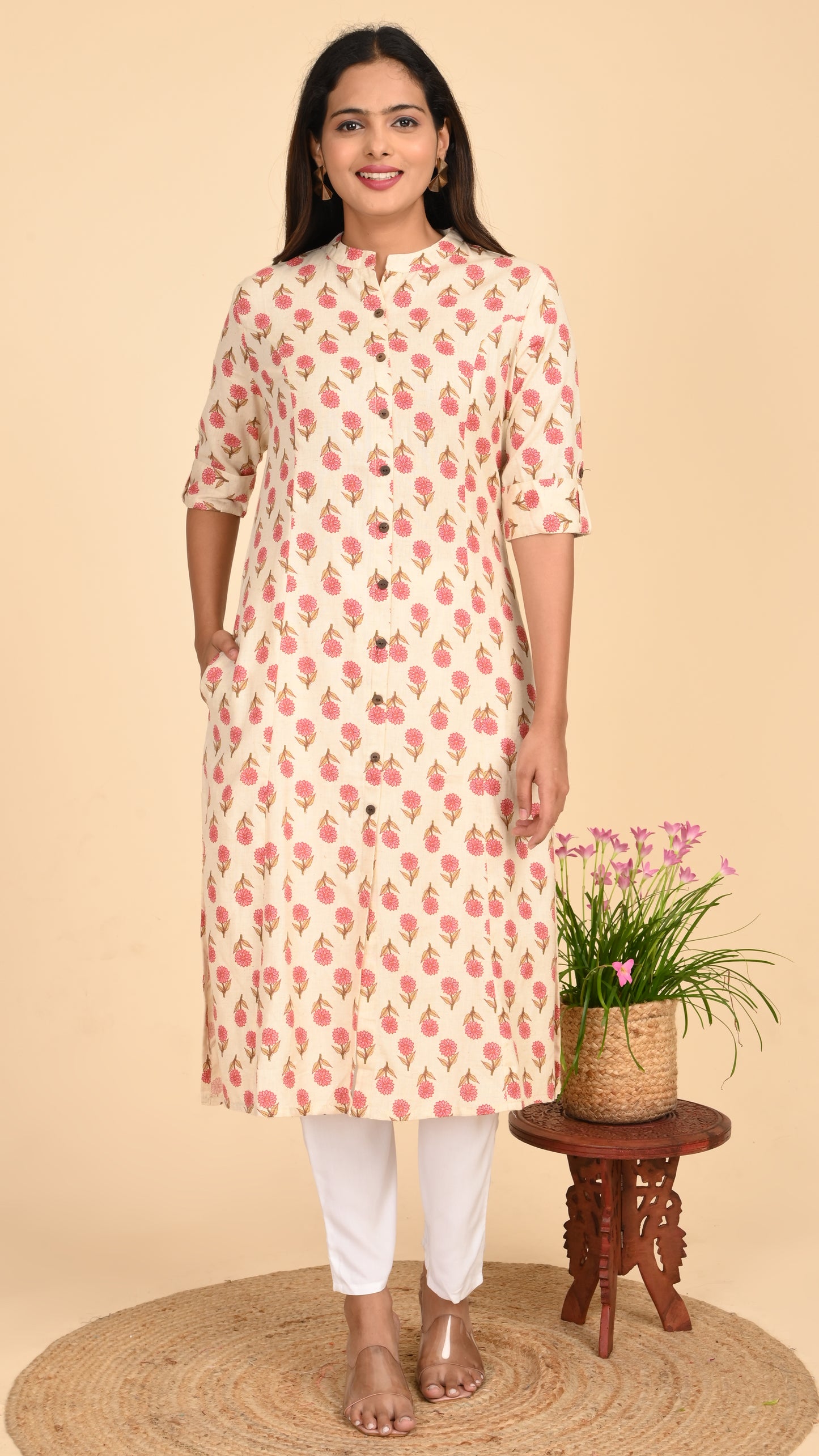 Kashika Cream Floral Button-Down Kurti