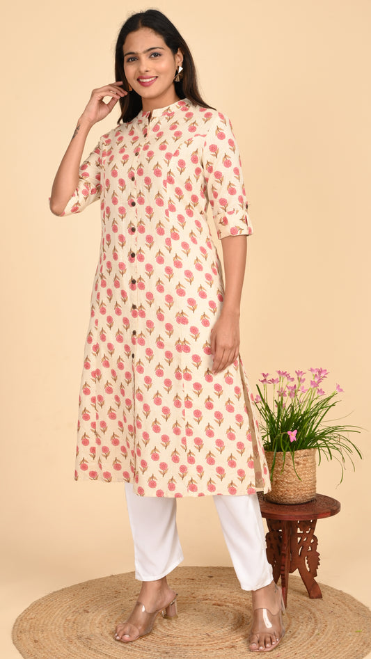 Kashika Cream Floral Button-Down Kurti