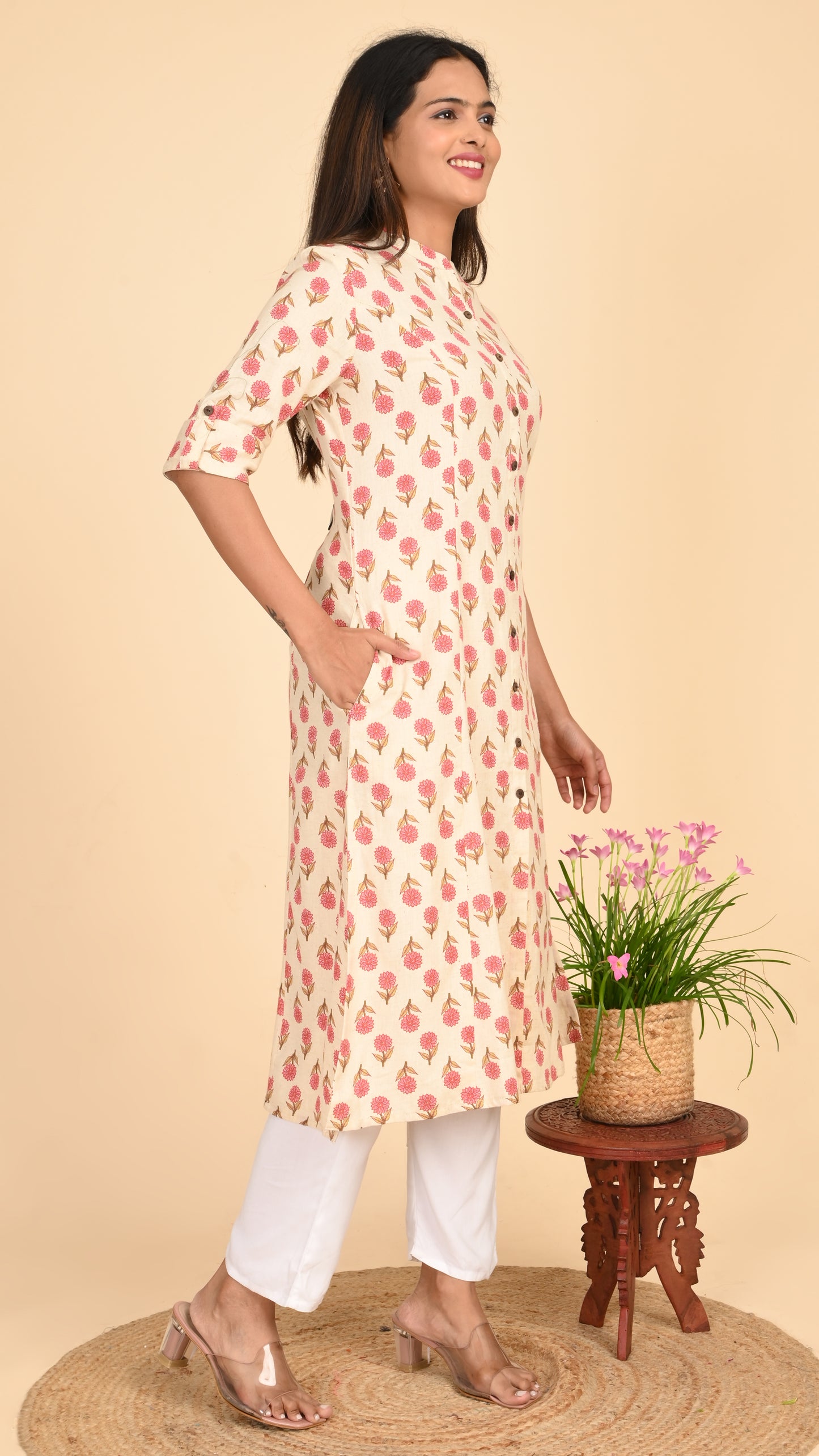 Kashika Cream Floral Button-Down Kurti