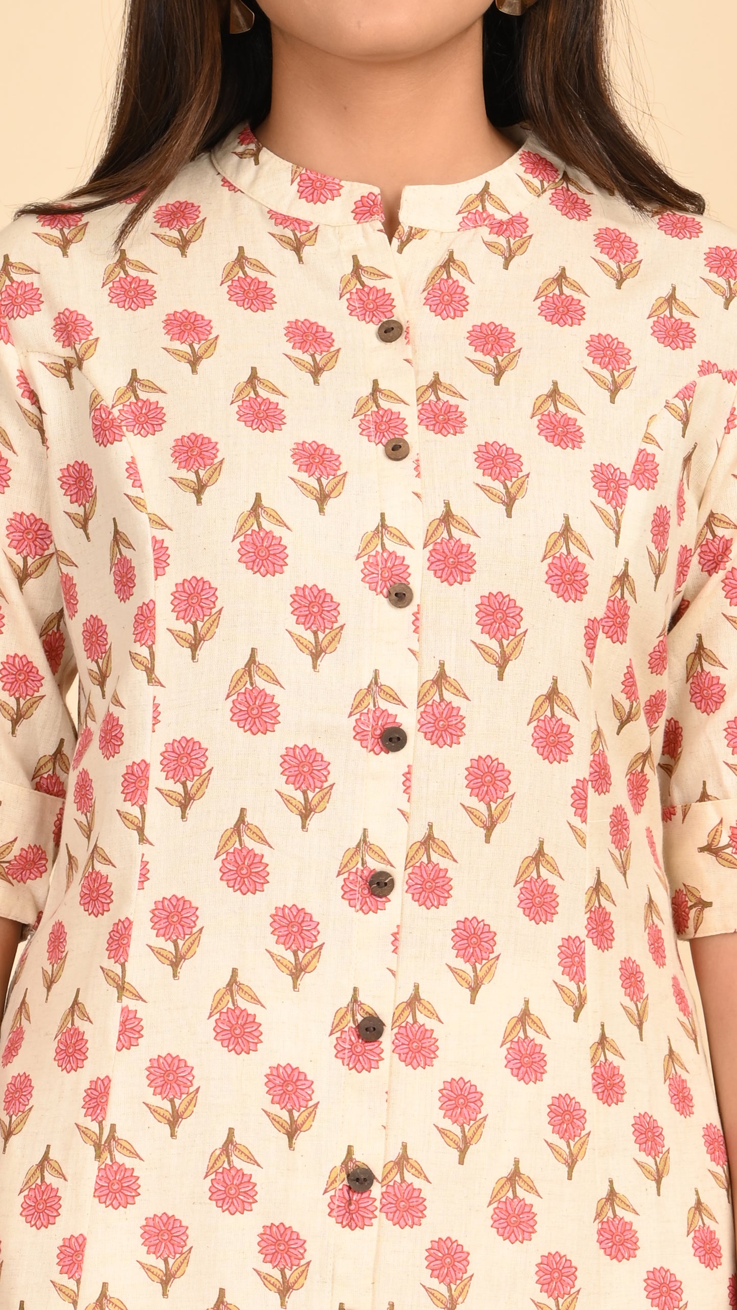 Kashika Cream Floral Button-Down Kurti