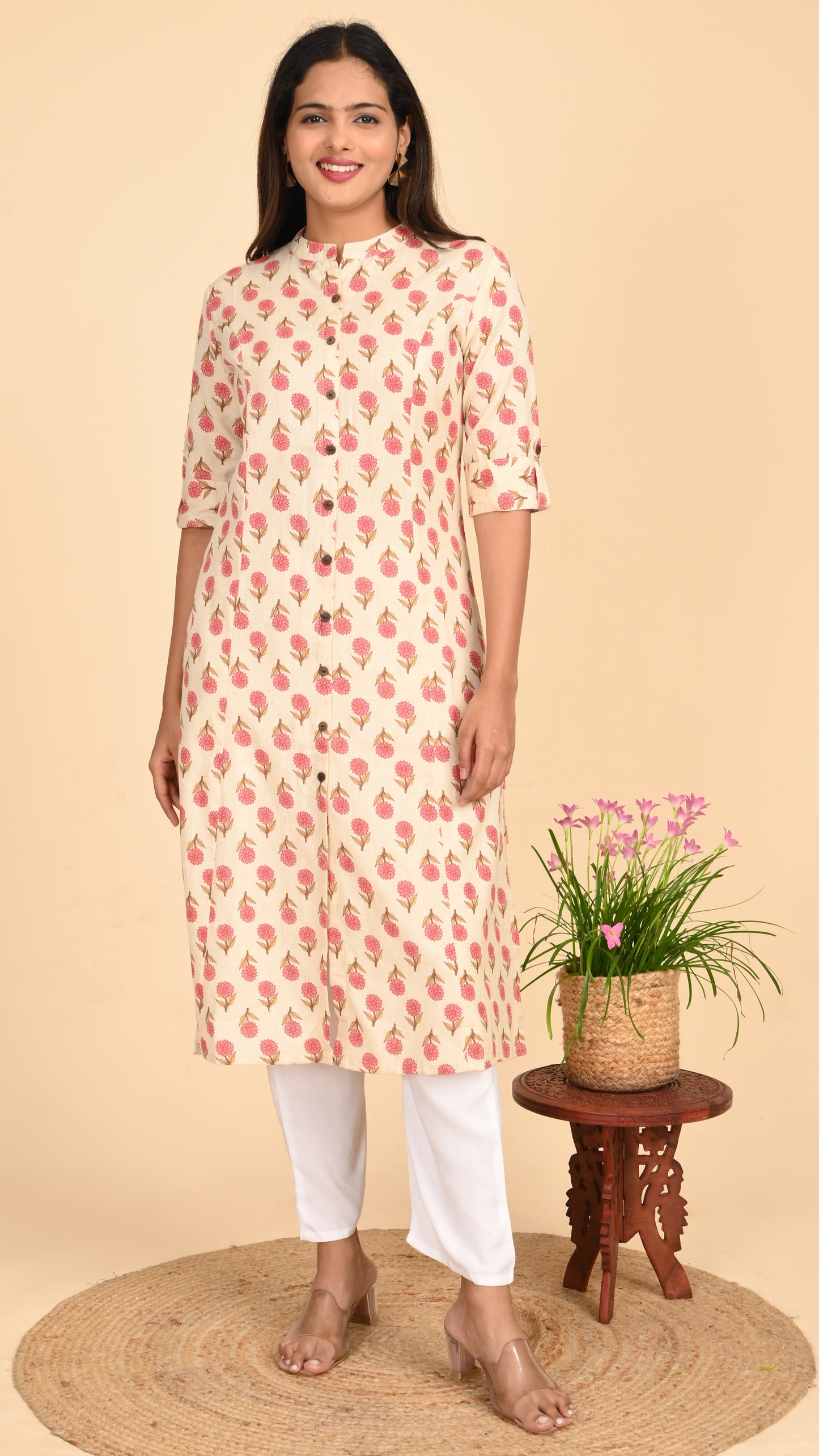 Kashika Cream Floral Button-Down Kurti