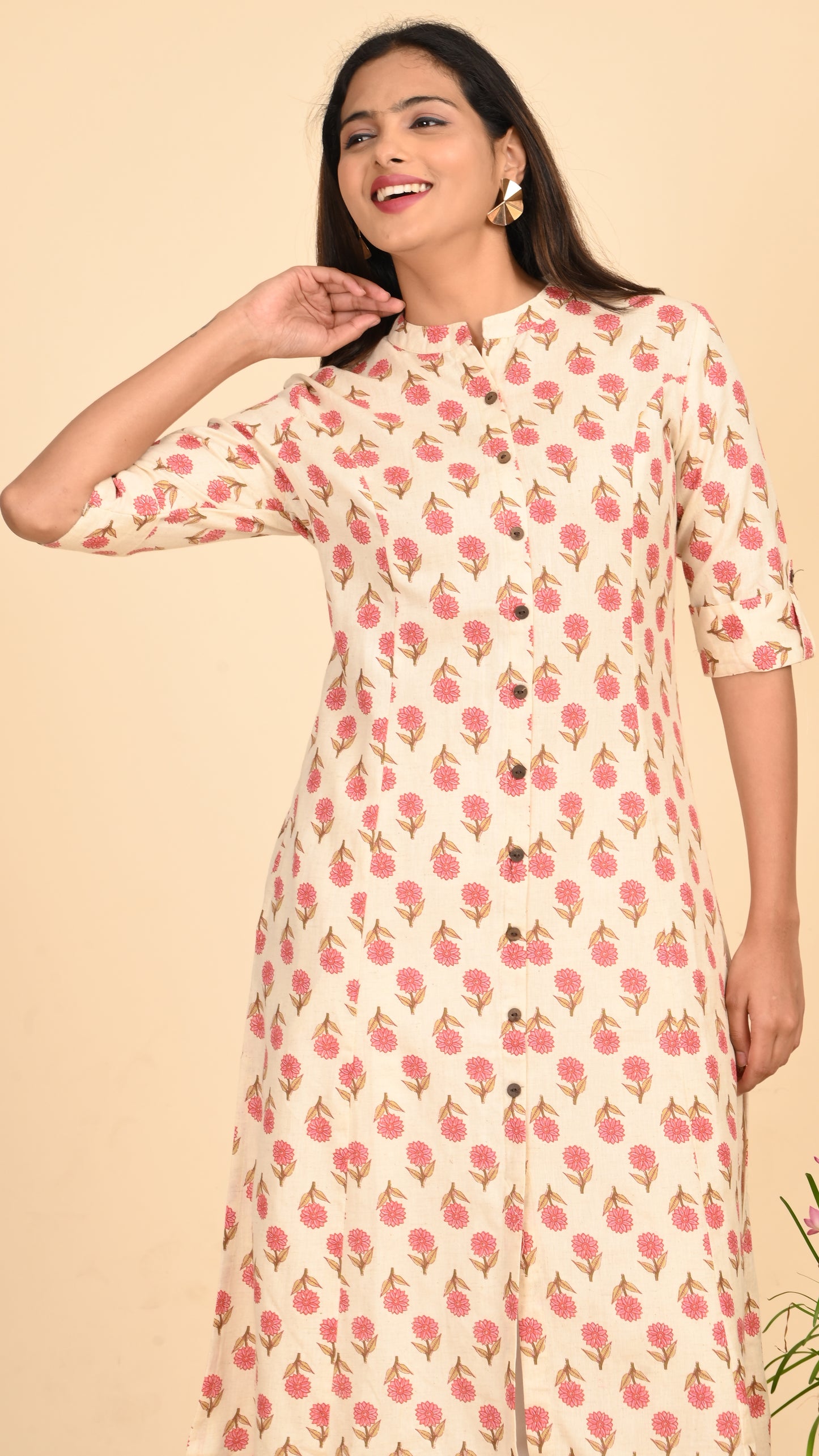 Kashika Cream Floral Button-Down Kurti