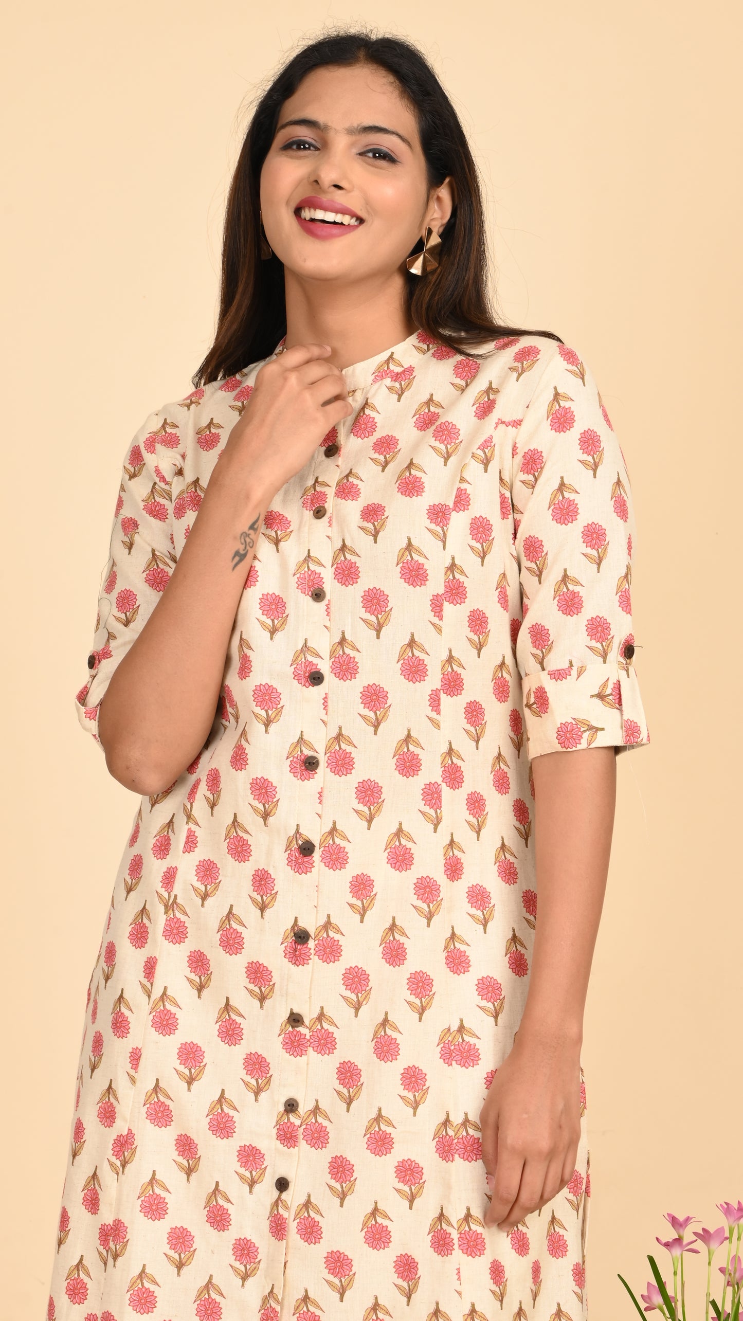Kashika Cream Floral Button-Down Kurti