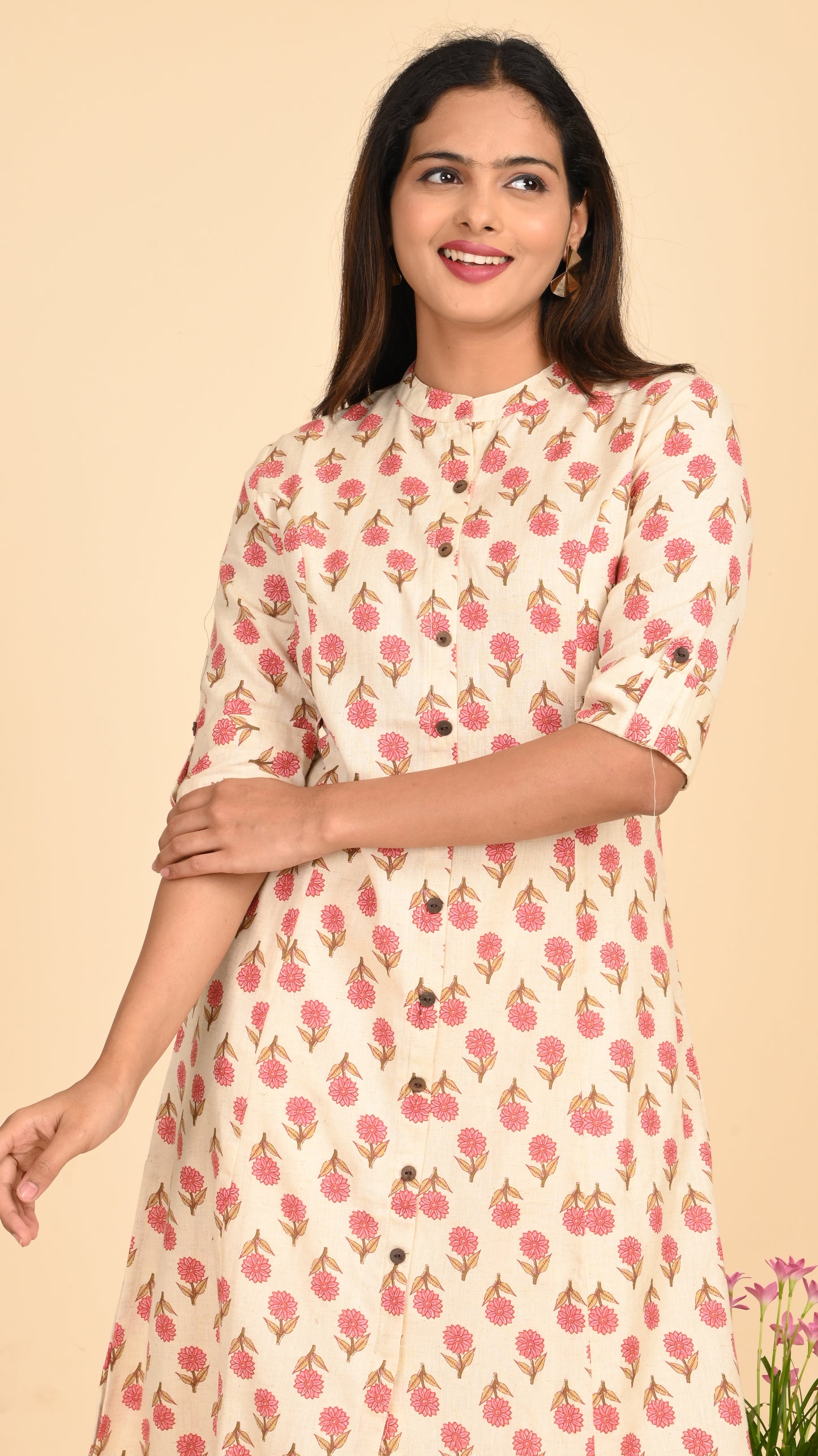 Kashika Cream Floral Button-Down Kurti