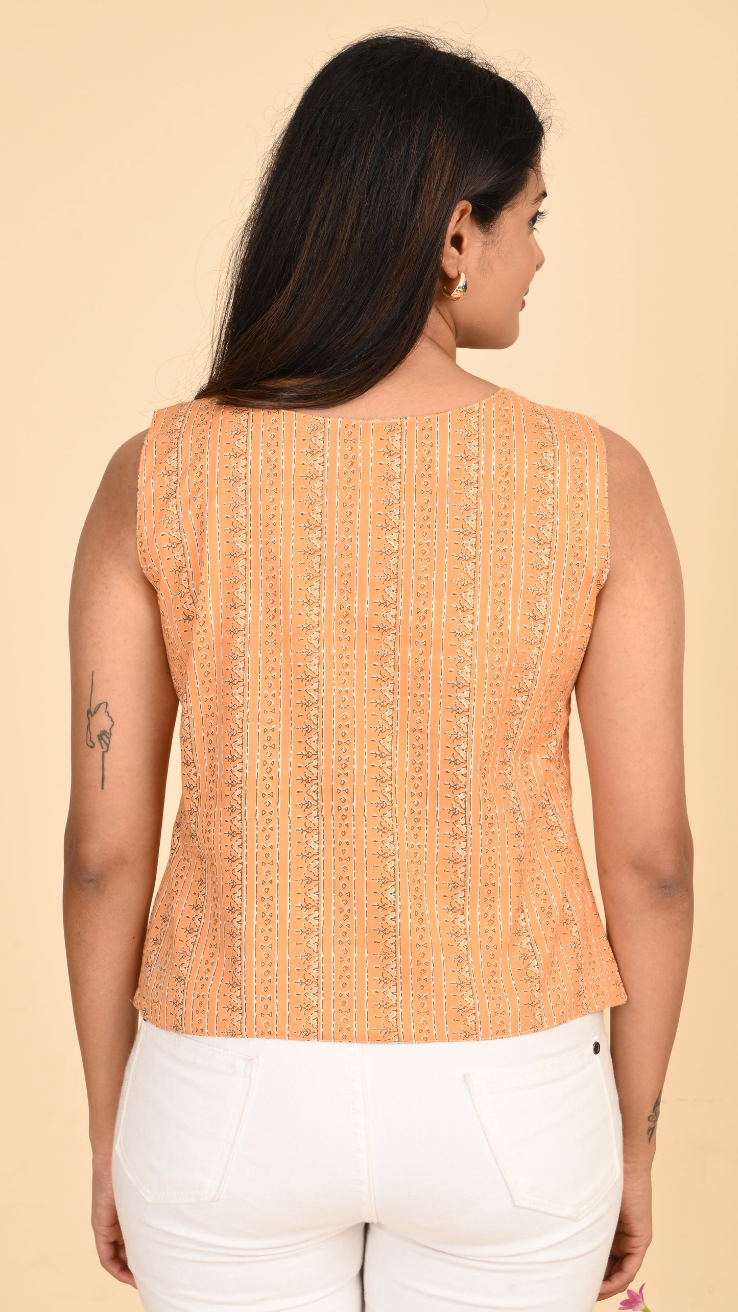 Vriti Peach Stripe Sleeveless Short Kurti Top
