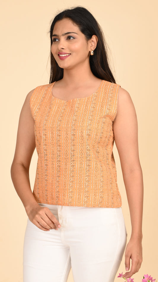 Vriti Peach Stripe Sleeveless Short Kurti Top