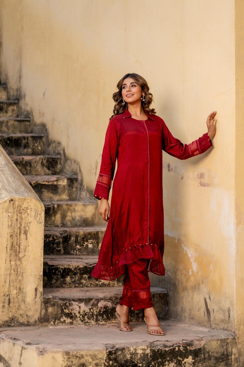 Gulnaar Silk Kurti Pant Set