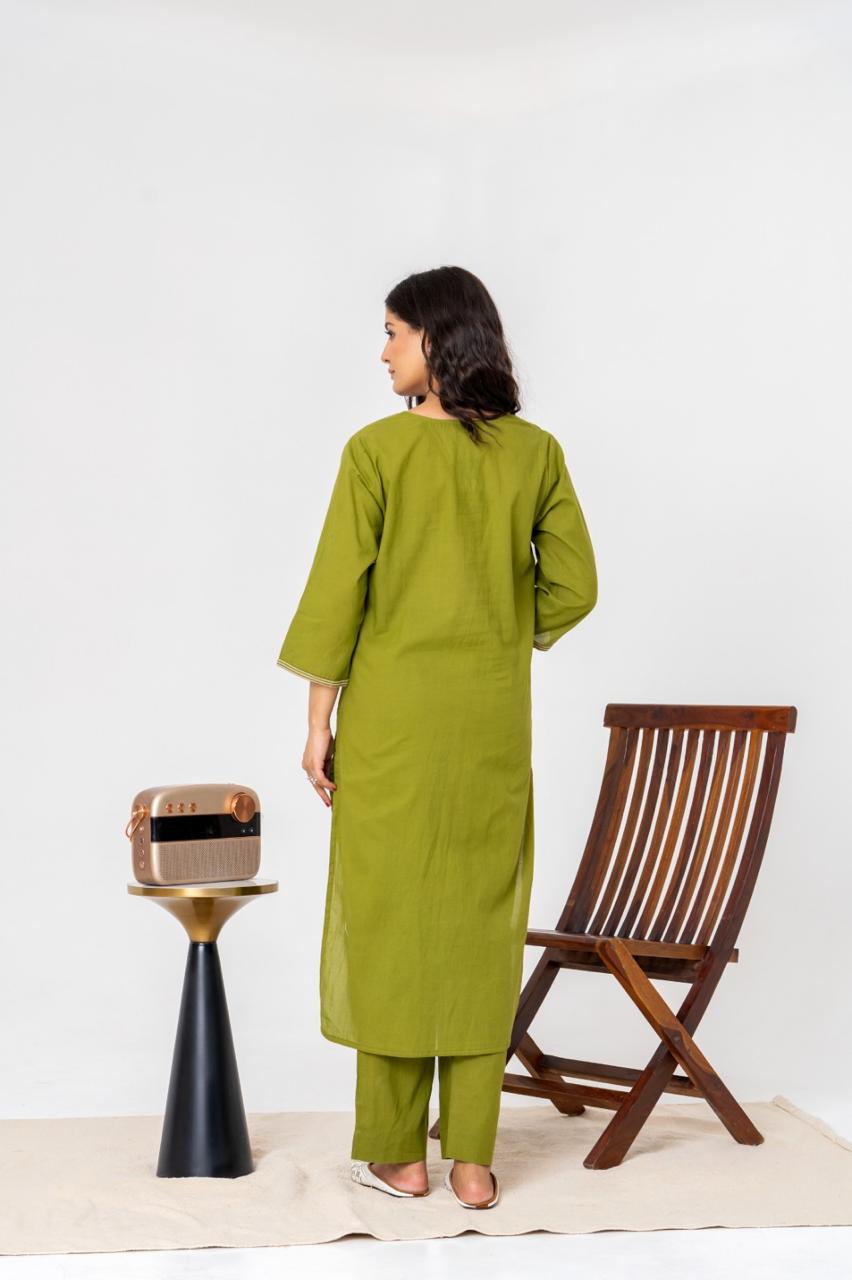 Olive Envy Jaipuri Kurti Pant Dupatta Set Suit