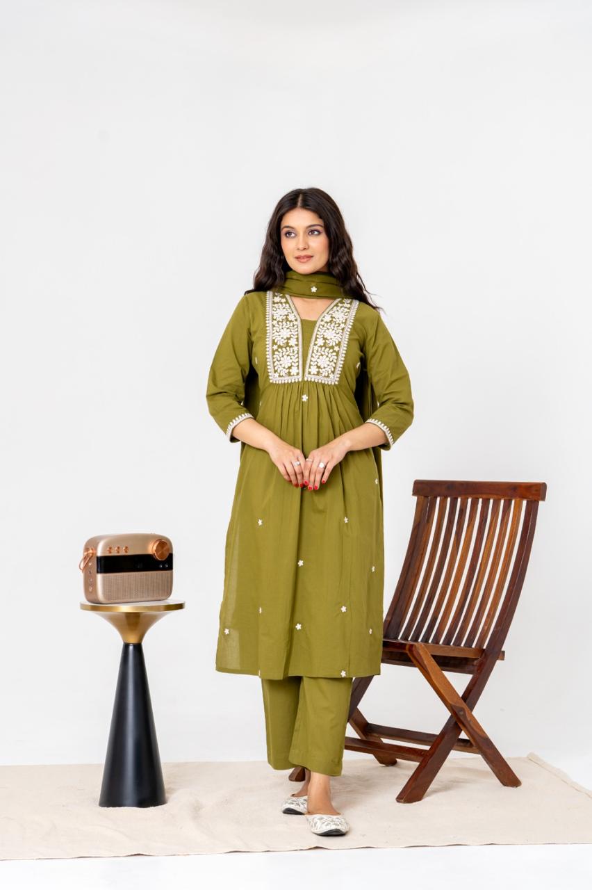 Olive Envy Jaipuri Kurti Pant Dupatta Set Suit