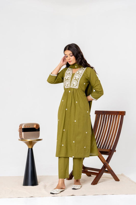 Olive Envy Jaipuri Kurti Pant Dupatta Set Suit