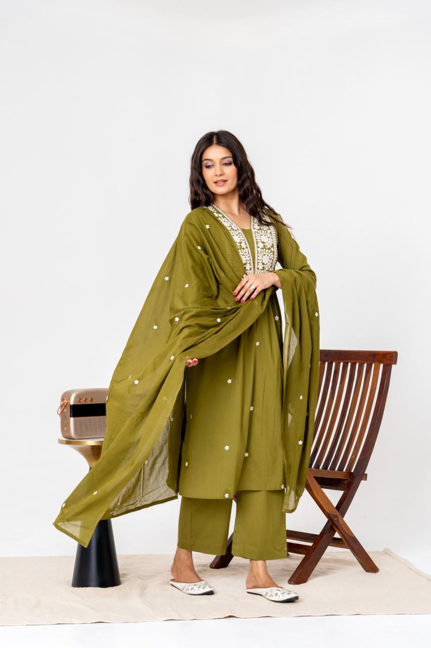 Olive Envy Jaipuri Kurti Pant Dupatta Set Suit
