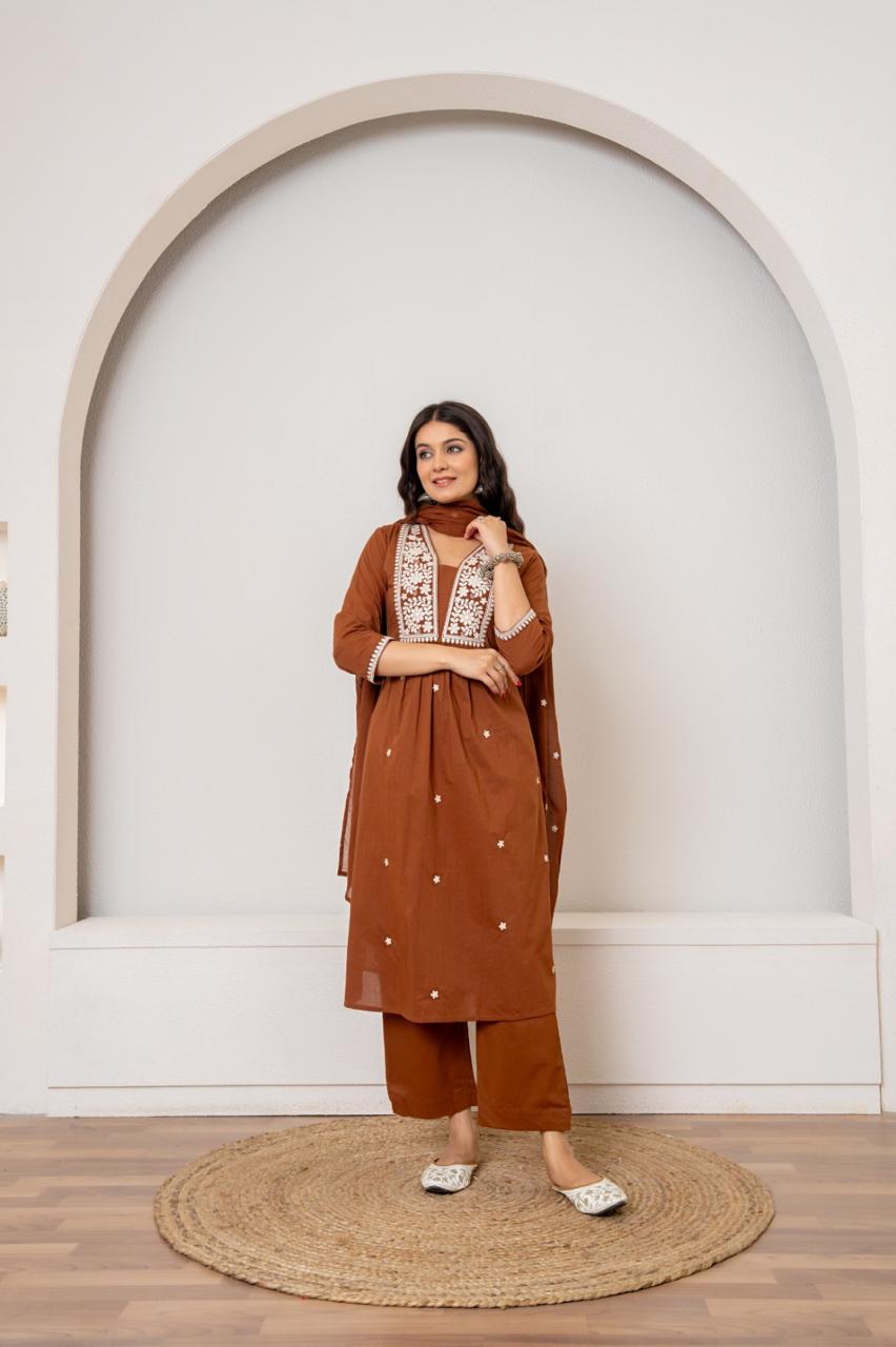 Rust Radiance Jaipuri Kurti Pant Dupatta Set Suit