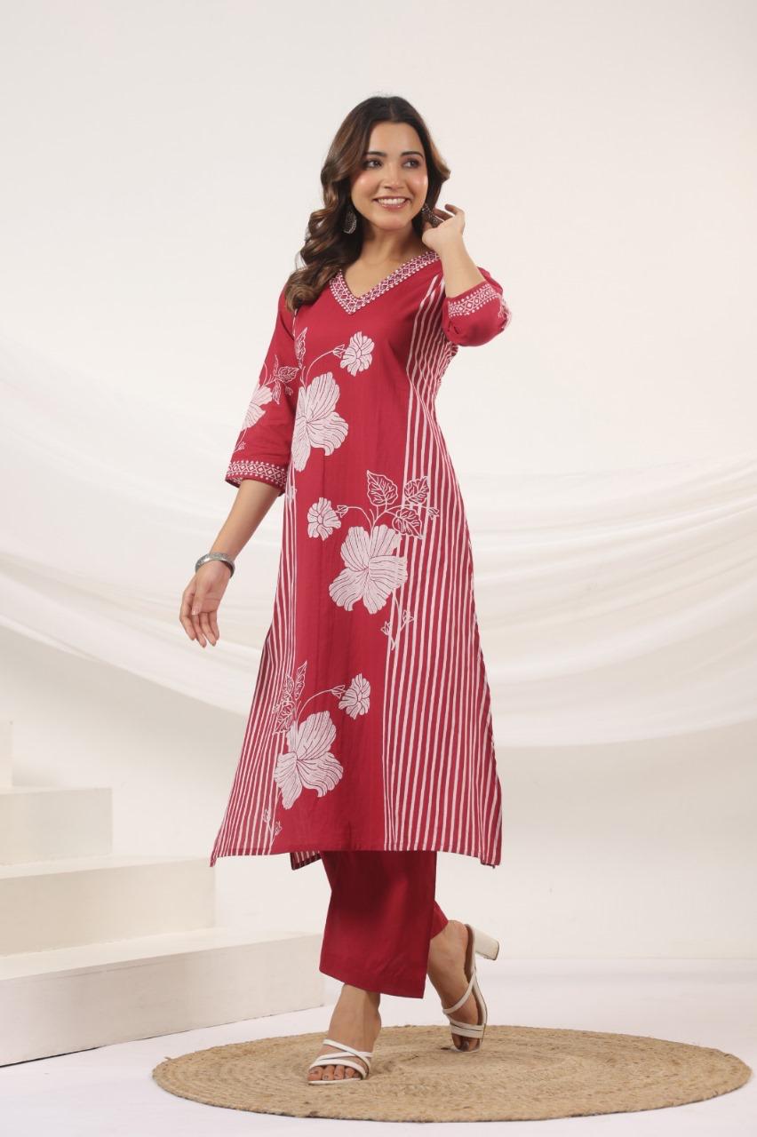 Gulrukh Wine Blossom Kurti Pant Set