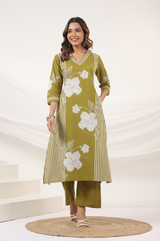 Harita Olive Bloom Kurti Pant Set