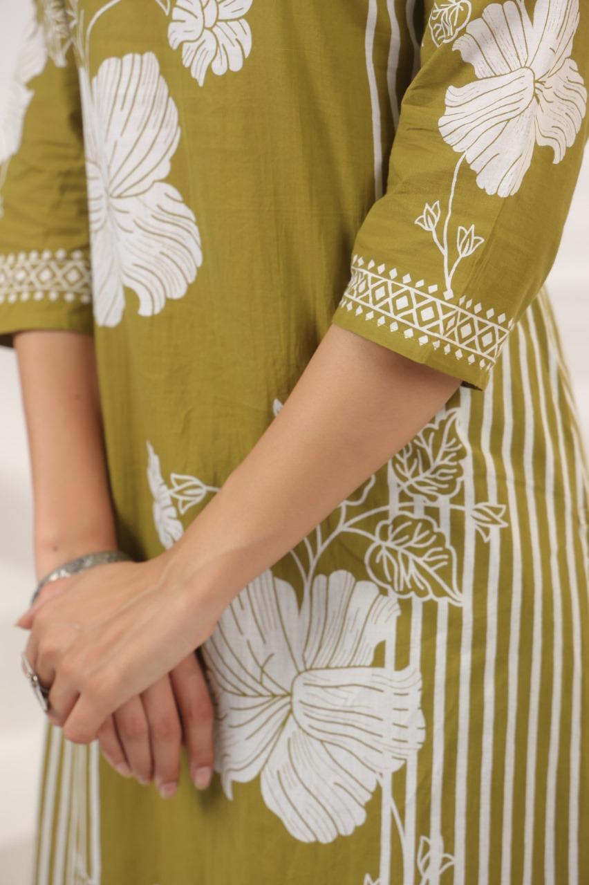 Harita Olive Bloom Kurti Pant Set