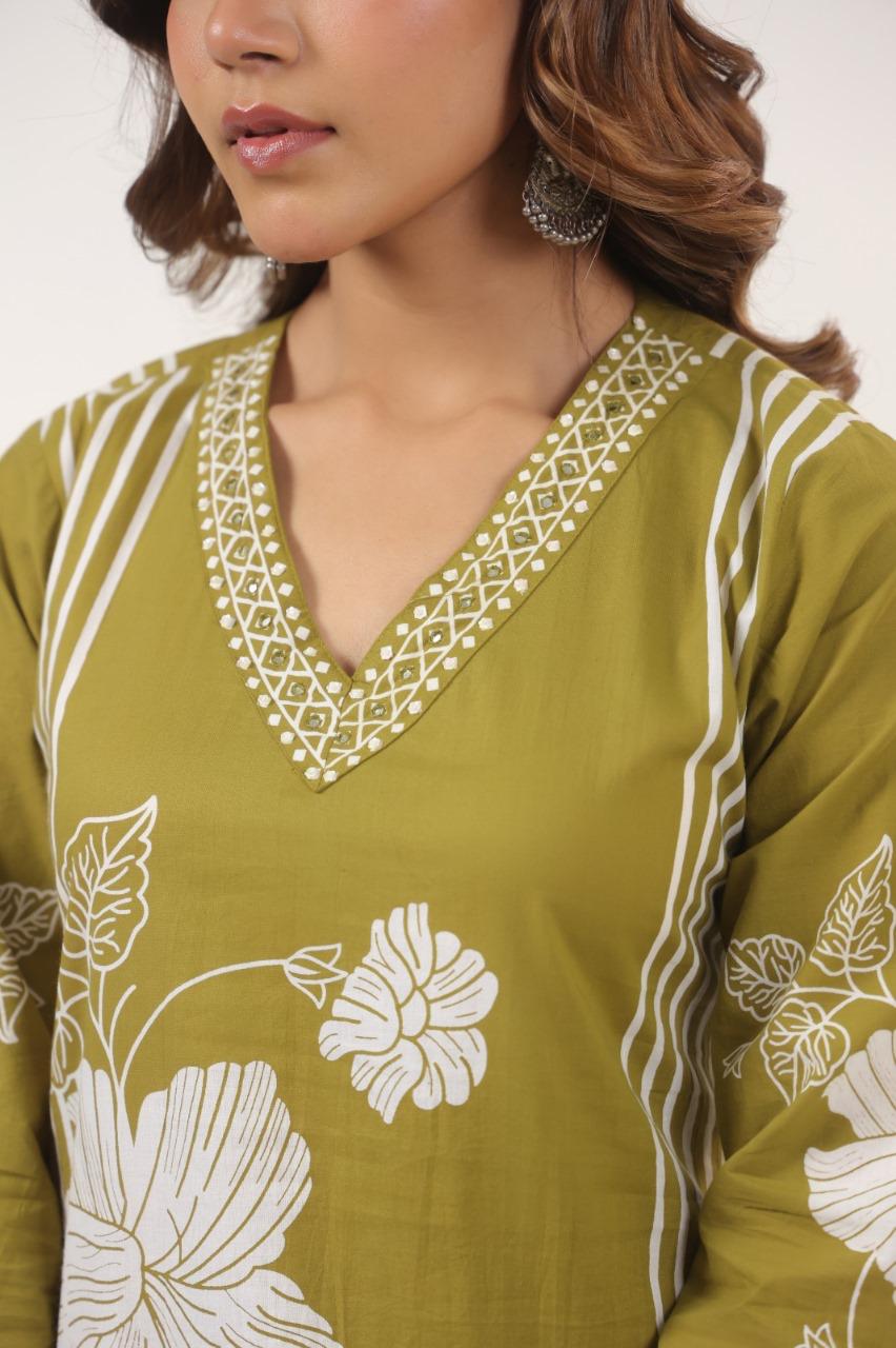 Harita Olive Bloom Kurti Pant Set