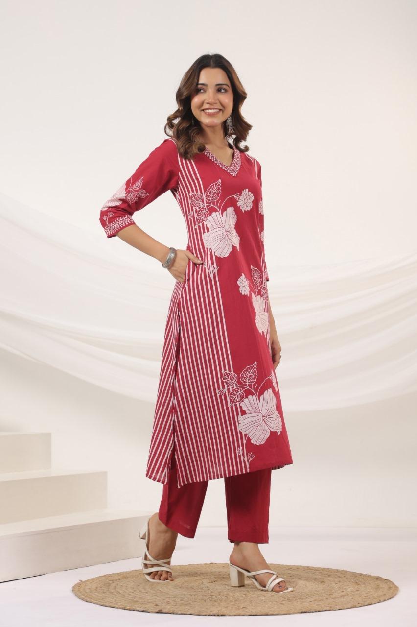 Gulrukh Wine Blossom Kurti Pant Set