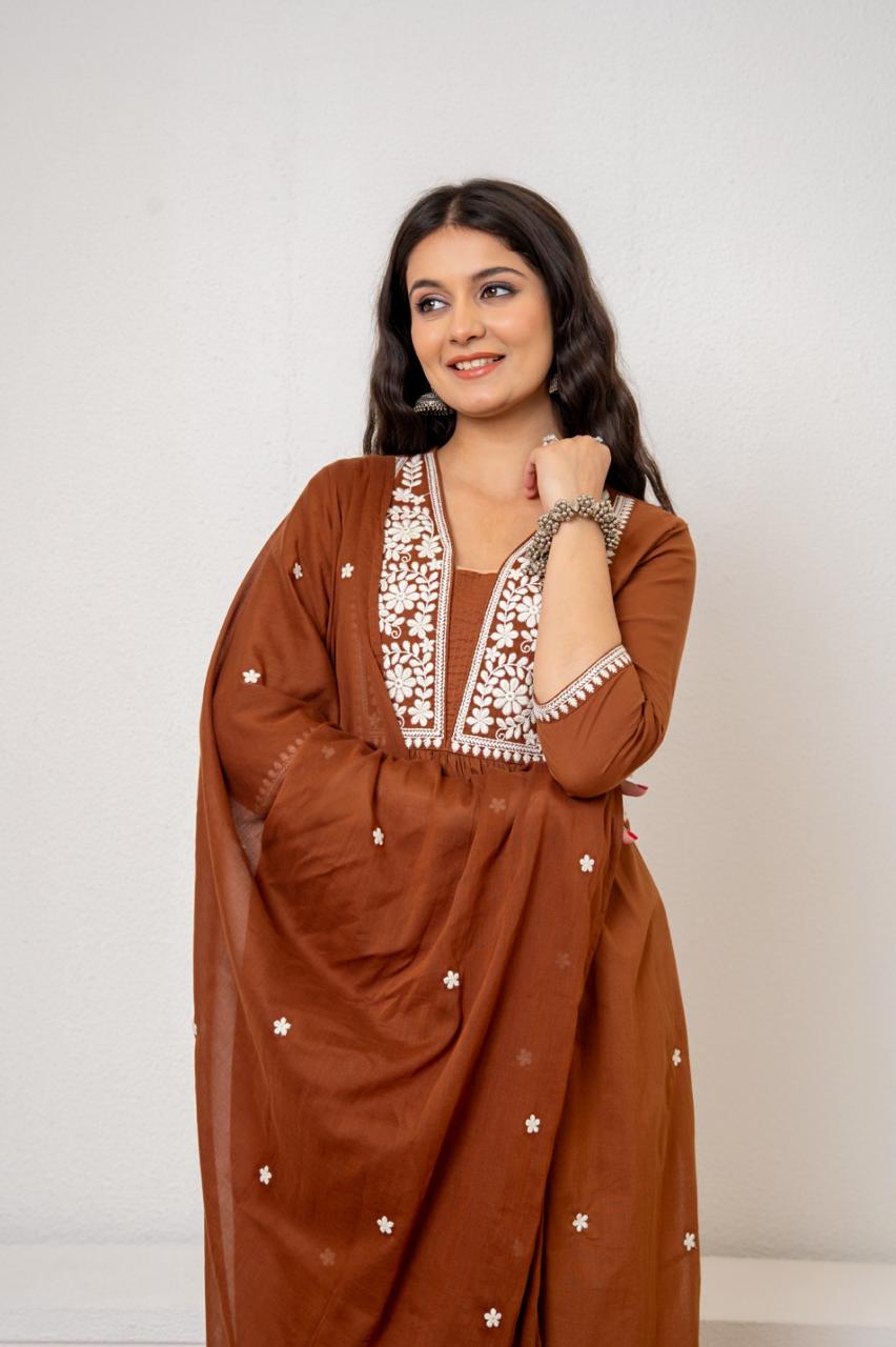 Rust Radiance Jaipuri Kurti Pant Dupatta Set Suit