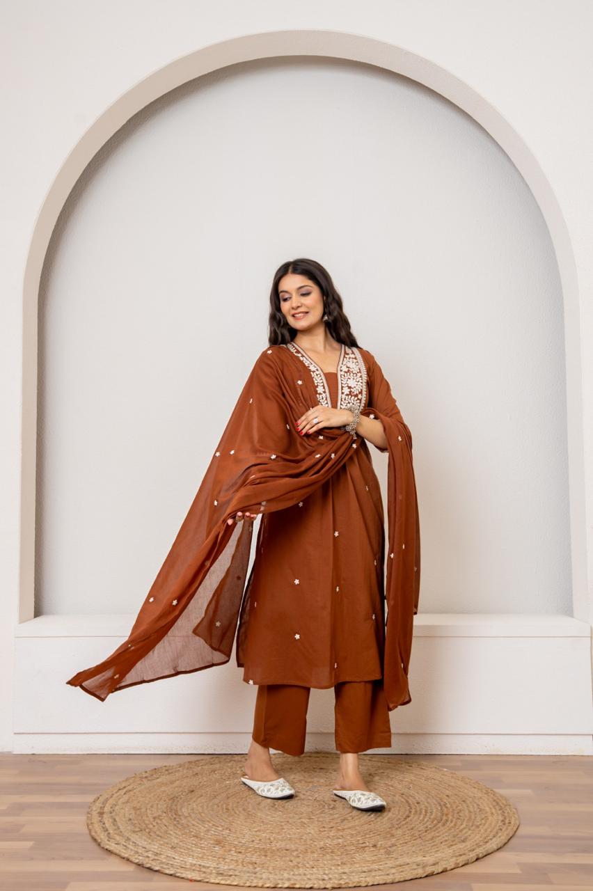 Rust Radiance Jaipuri Kurti Pant Dupatta Set Suit
