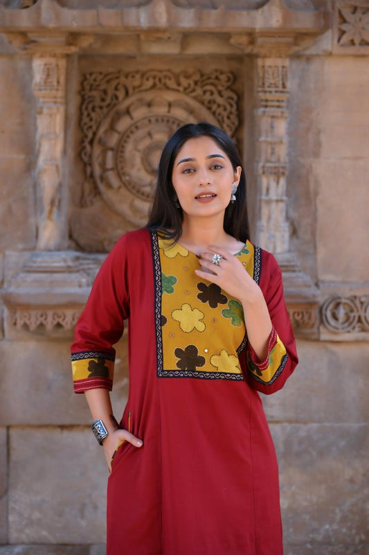 Meher Maroon Cotton Kurti Pant Set