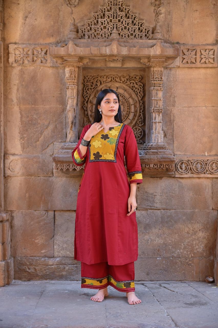 Meher Maroon Cotton Kurti Pant Set