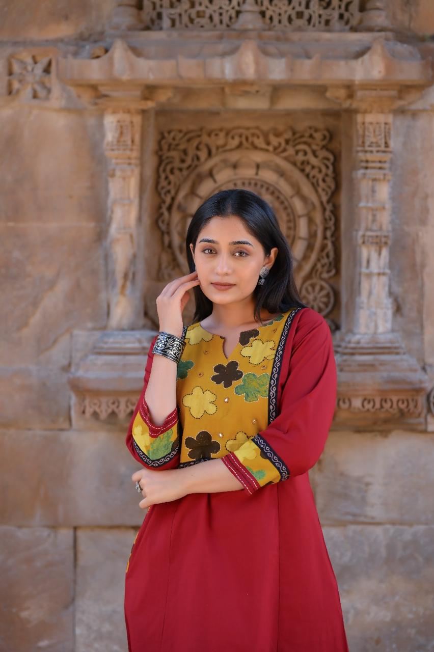 Meher Maroon Cotton Kurti Pant Set