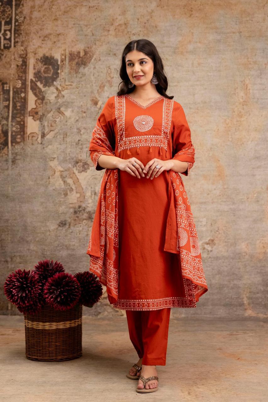 Gulnaar Rust Kurti Pant Dupatta Set Suit