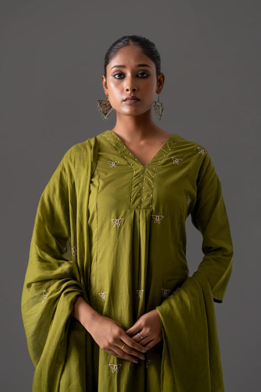 Mehreen Olive Embroidery A-Line Dupatta Set