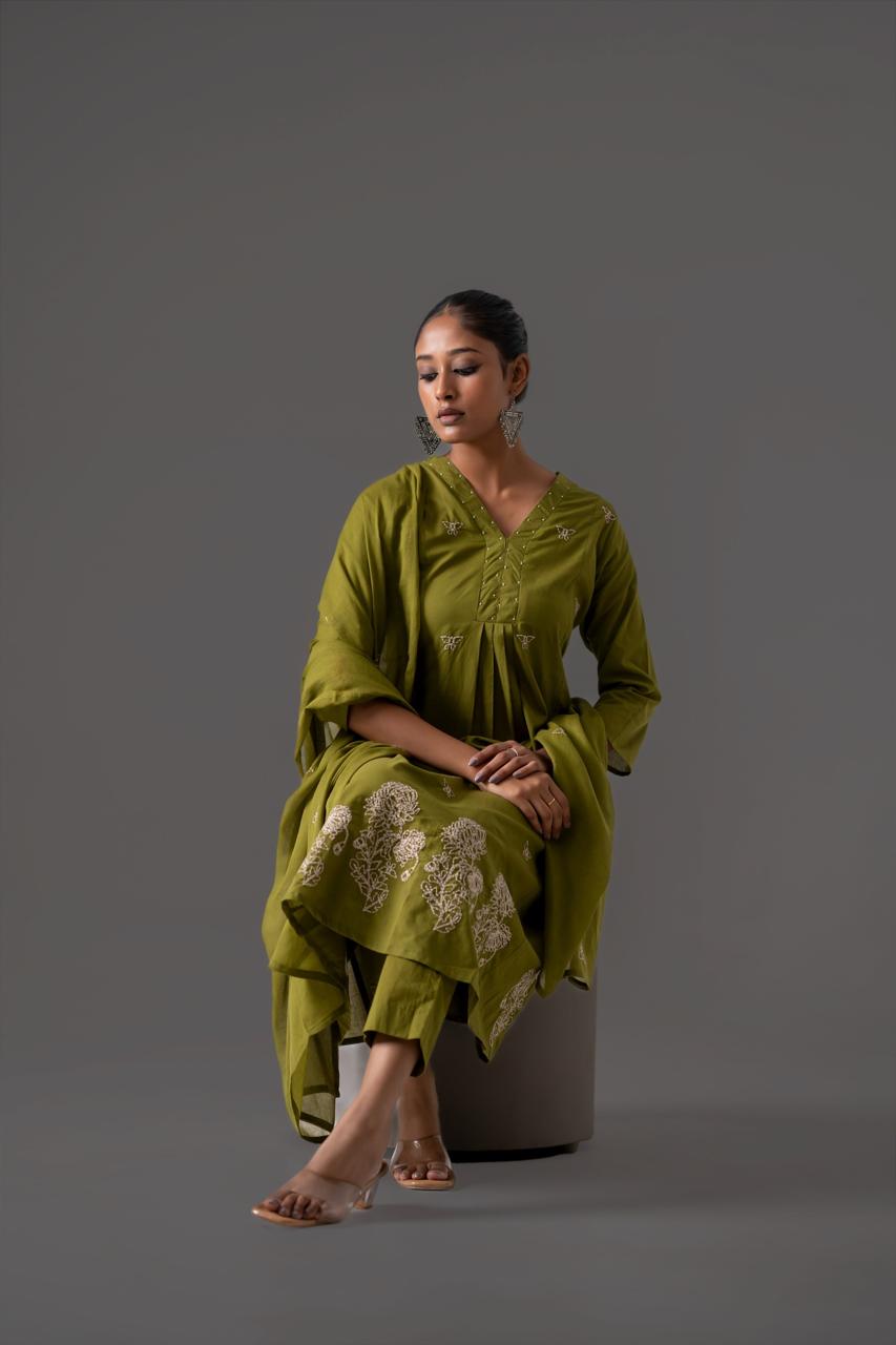 Mehreen Olive Embroidery A-Line Dupatta Set