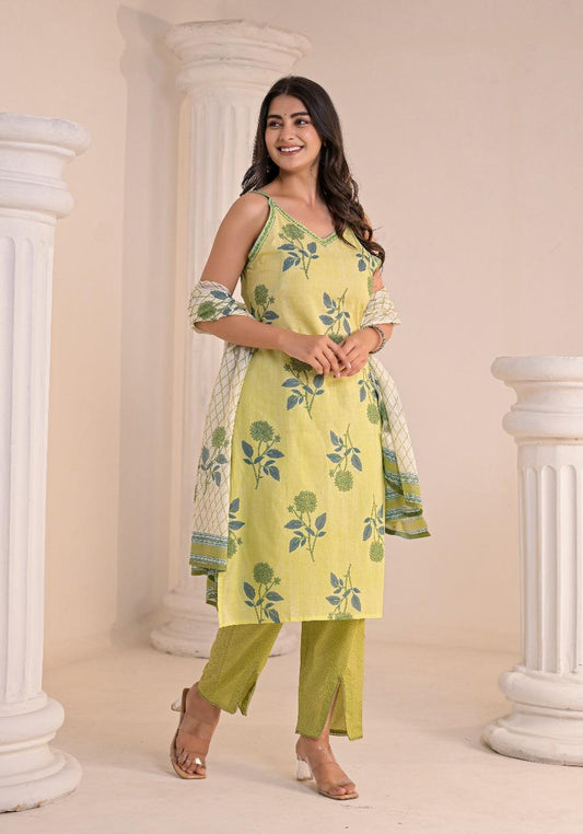 Pista Phoolgulab Kurti Pant Dupatta Suit Set