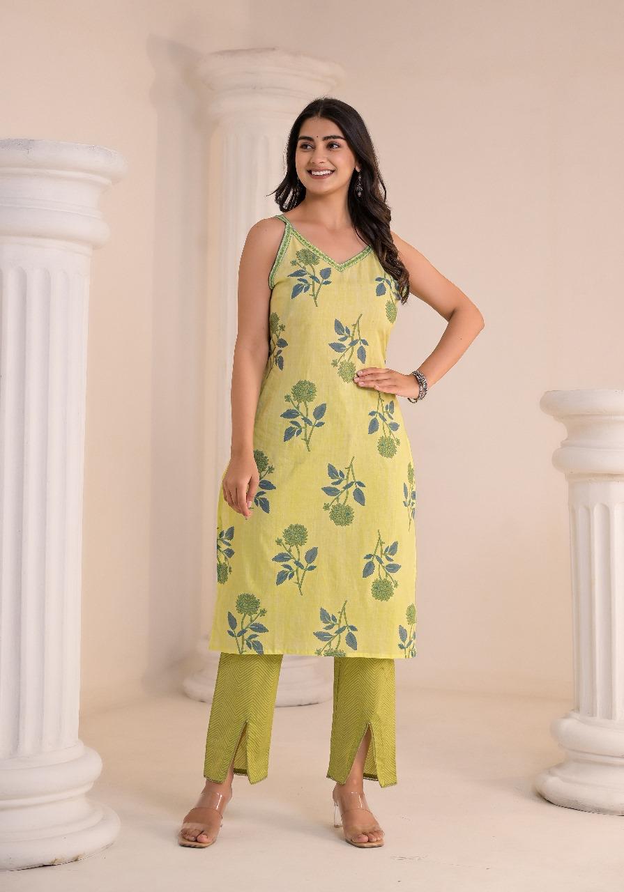 Pista Phoolgulab Kurti Pant Dupatta Suit Set